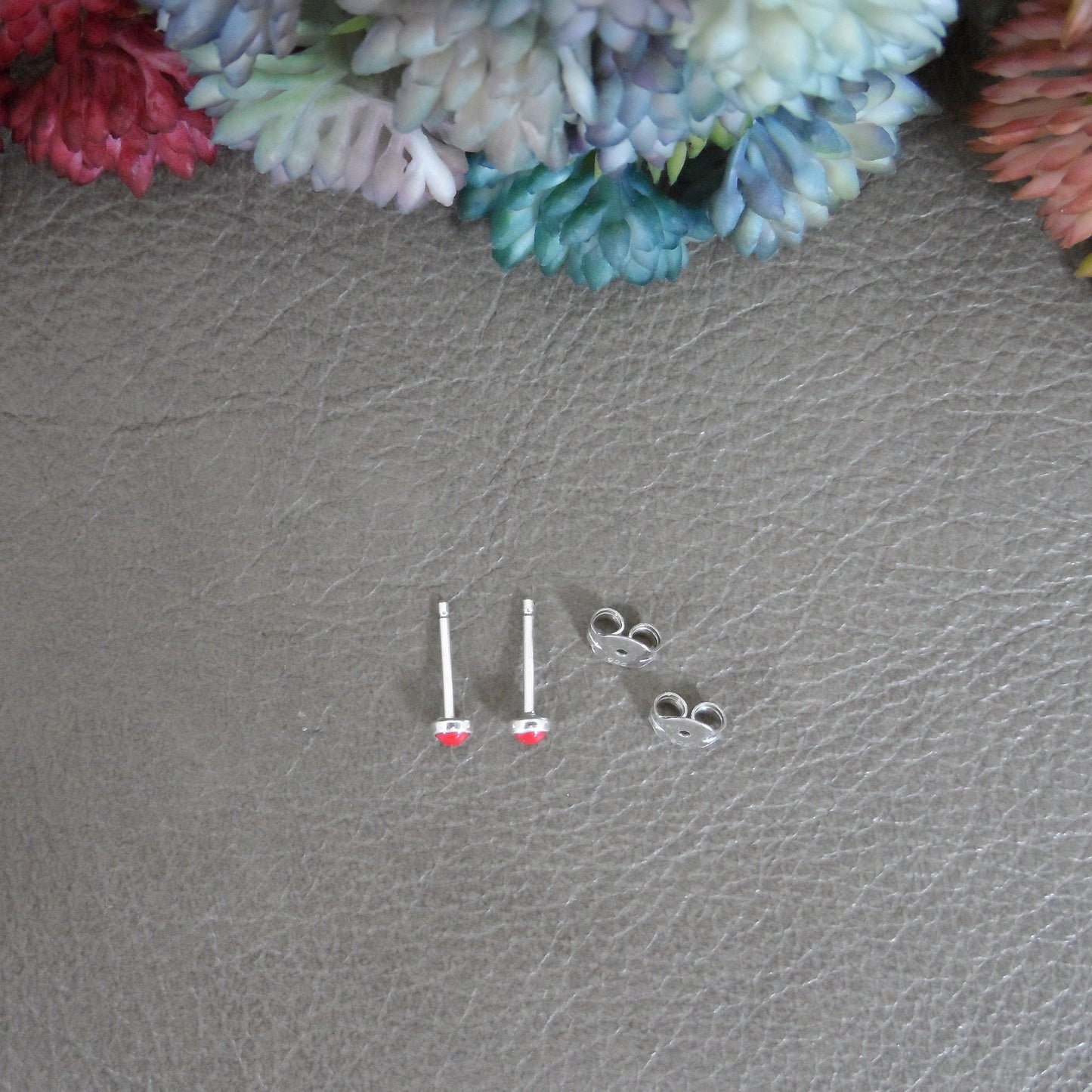 Tiny Coral Stud Earrings in Sterling Silver, Red Coral Earrings, 3mm Earrings, Tiny Earrings, Dainty Earrings, Southwestern Jewelry