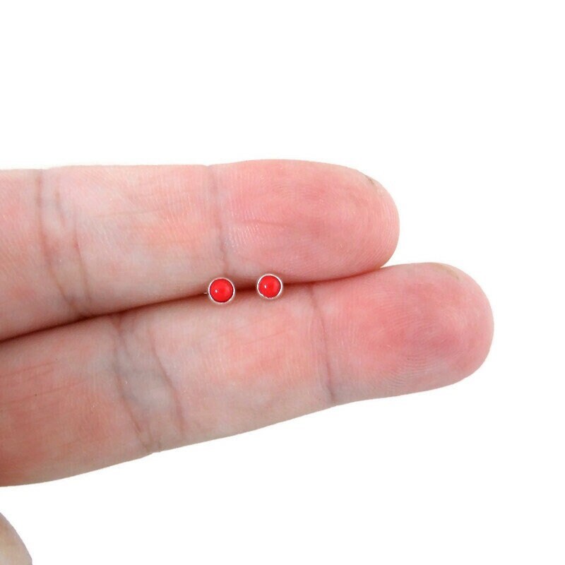 Tiny Coral Stud Earrings in Sterling Silver, Red Coral Earrings, 3mm Earrings, Tiny Earrings, Dainty Earrings, Southwestern Jewelry