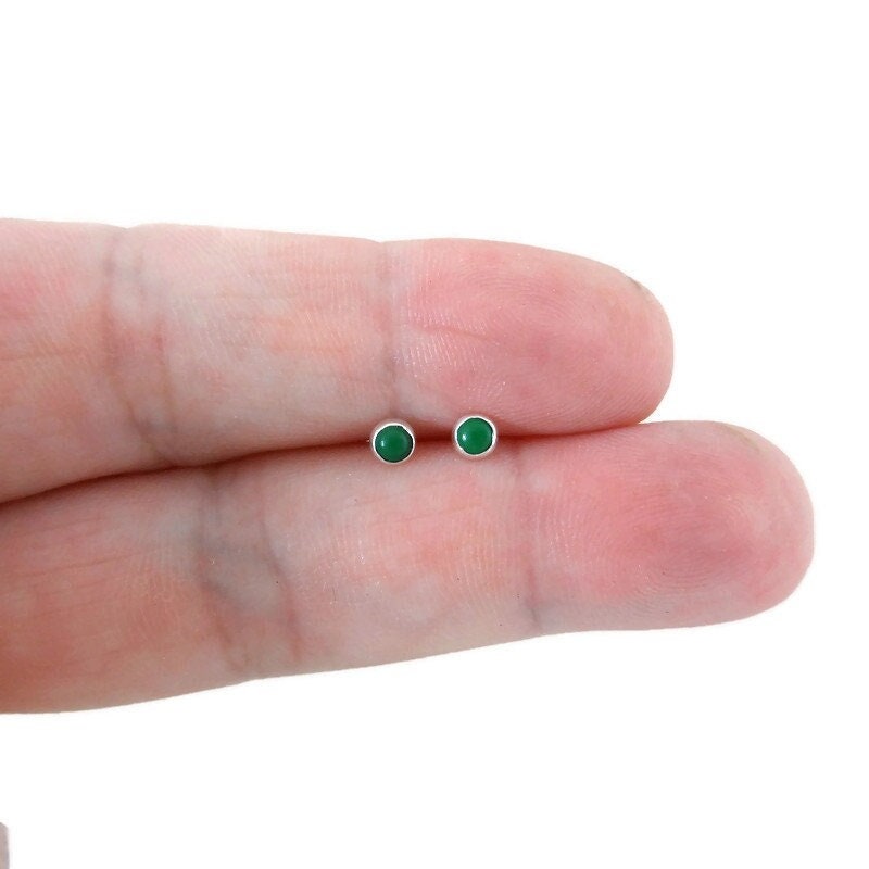 Tiny Malachite Stud Earrings in Sterling Silver, Malachite Earrings, 3mm Earrings, Minimalist Earrings, Dainty Earrings, Green Stone Studs