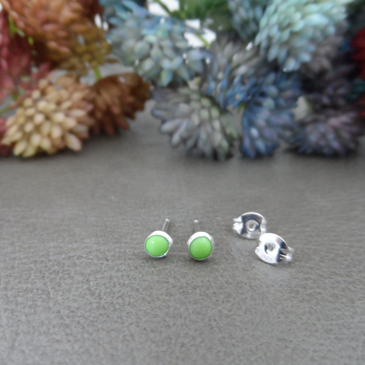 Green Gaspeite Earrings in Sterling Silver-4mm