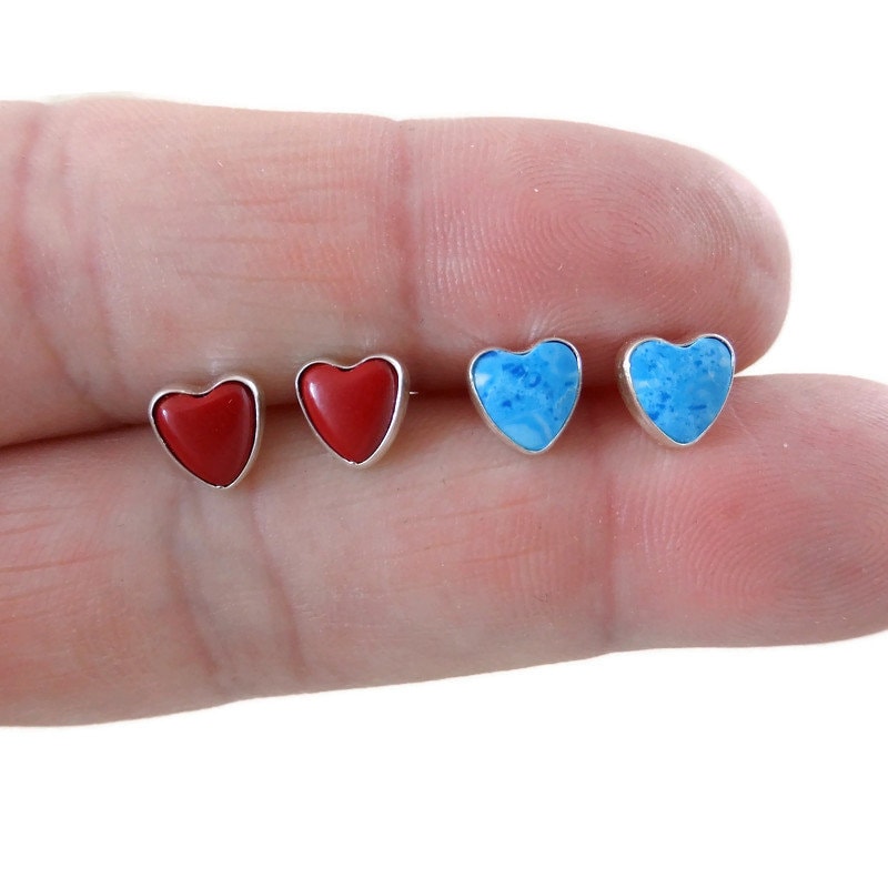 Heart Earrings in Sterling Silver-Red/Blue