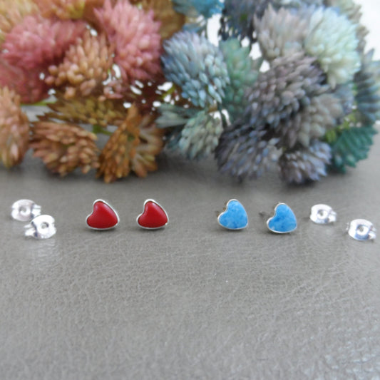 Heart Earrings in Sterling Silver-Red/Blue