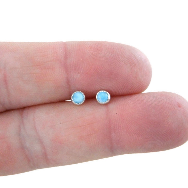 Tiny Larimar Sterling Silver Earrings, Larimar Silver Studs, 3mm Larimar Earrings, Tiny Studs, Larimar Jewelry, Boho Earrings