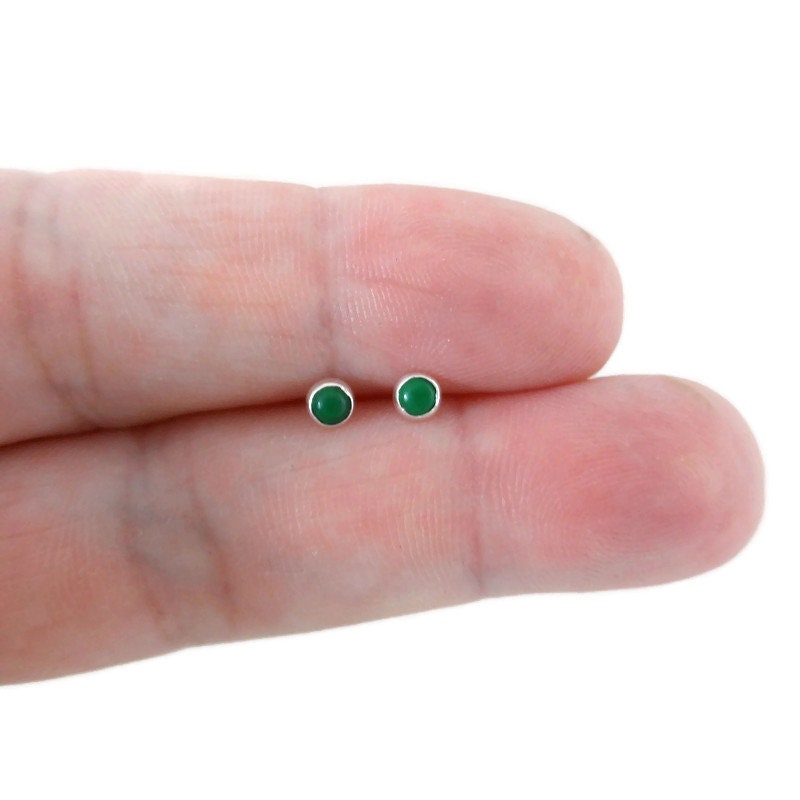 Tiny Malachite Stud Earrings in Sterling Silver, Malachite Earrings, 3mm Earrings, Minimalist Earrings, Dainty Earrings, Green Stone Studs