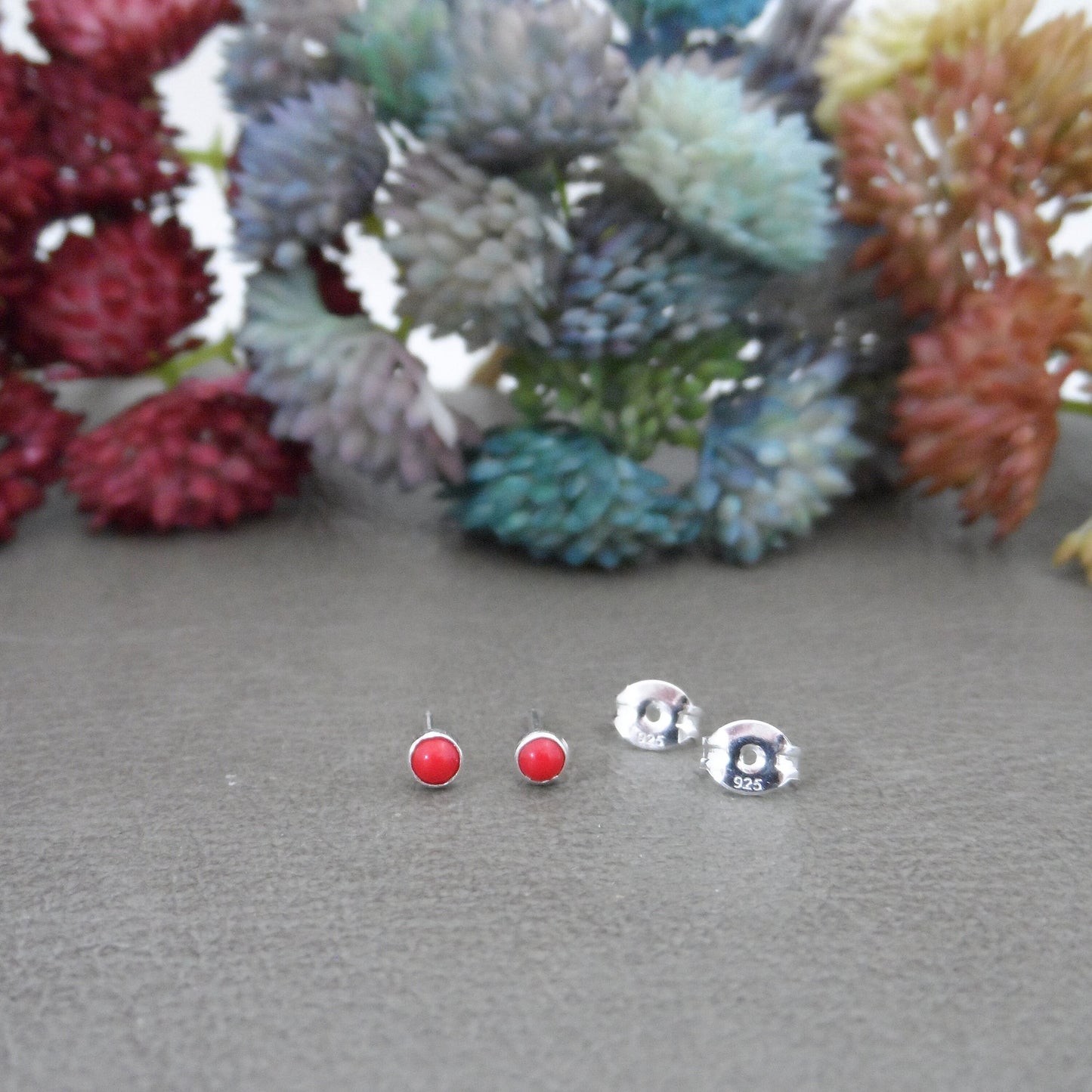 Tiny Coral Stud Earrings in Sterling Silver, Red Coral Earrings, 3mm Earrings, Tiny Earrings, Dainty Earrings, Southwestern Jewelry