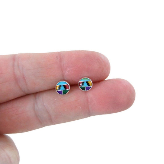 Turquoise Inlay Earrings in Sterling Silver, Sterling Inlay Stud Earrings, Southwest Jewelry Inlay Earrings, 7mm Inlay Studs, Inlay Studs