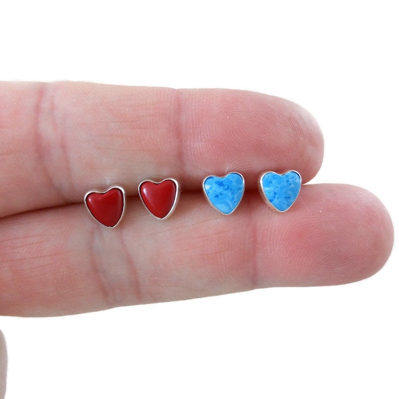 Heart Earrings in Sterling Silver-Red/Blue