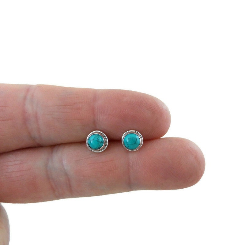 Turquoise Sterling Silver Earrings, Turquoise Silver Studs, 5mm Turquoise Earrings, Tiny Studs, Southwest Earrings, Boho Earrings