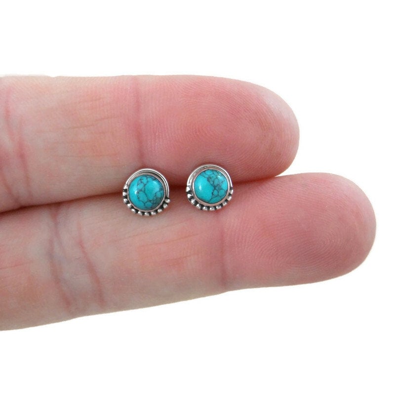 Turquoise Sterling Silver Earrings, Turquoise Silver Studs, 5mm Turquoise Earrings, Tiny Studs, Southwest Earrings, Boho Earrings