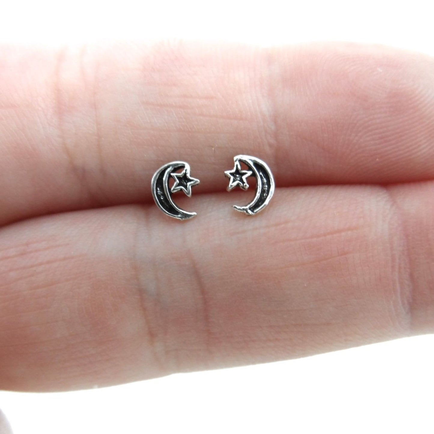 Crescent Moon Star Earrings in Sterling Silver