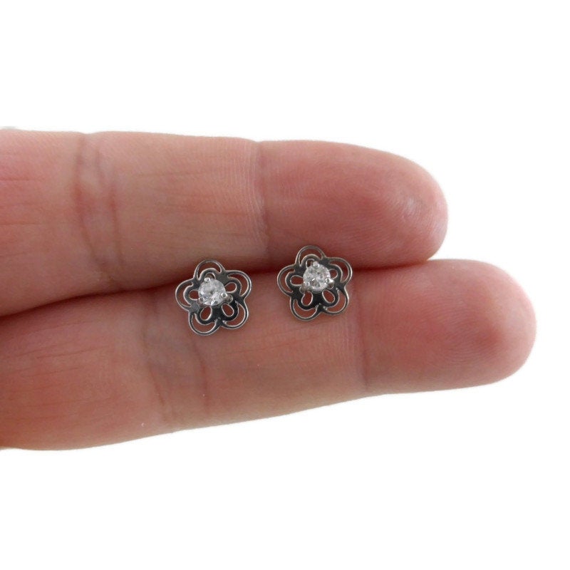 Cubic Zirconia Flower Earrings in Sterling Silver