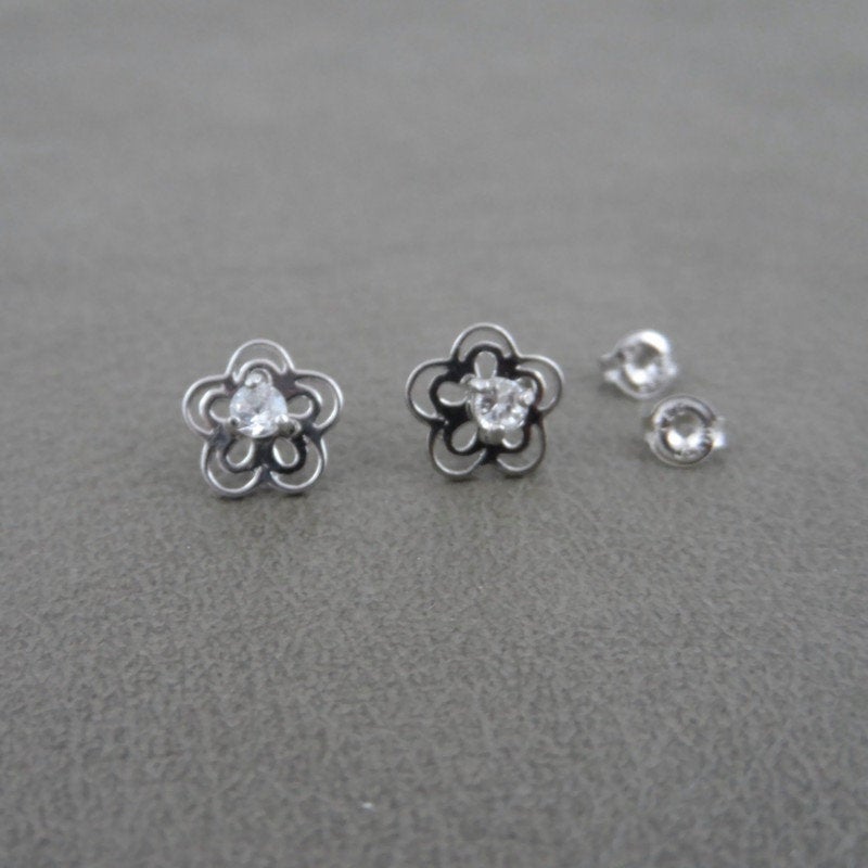 Cubic Zirconia Flower Earrings in Sterling Silver