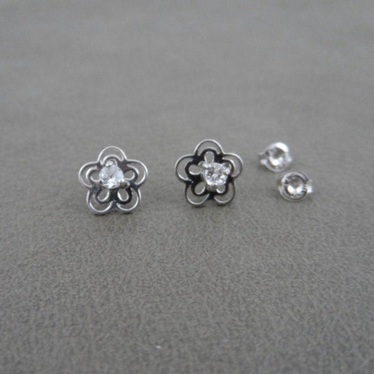 Cubic Zirconia Flower Earrings in Sterling Silver