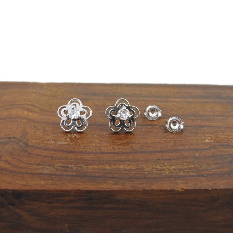 Cubic Zirconia Flower Earrings in Sterling Silver